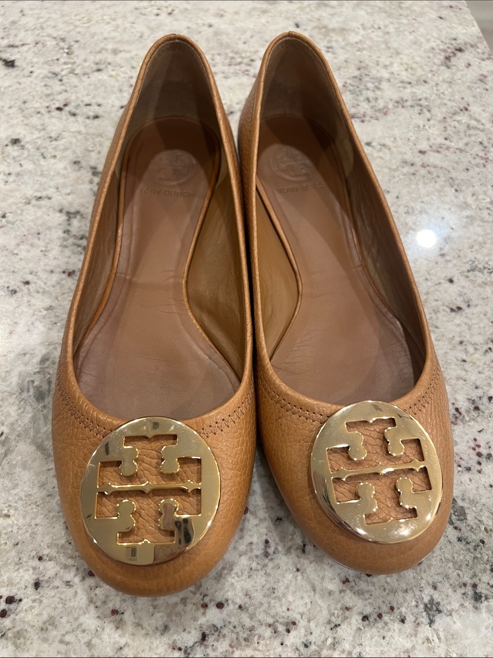 Tory Burch Tan Leather Logo Ballet Flats with Gold Medallion